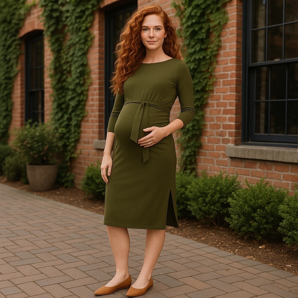 New York & Co. | Maternity Tie-Front Knit Midi Dress Woodland Green Large